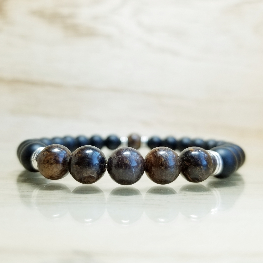 Black Onyx & Bronzite Beaded Gemstone Bracelet
